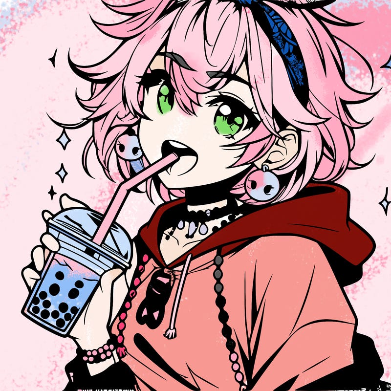 hot baddie anime girl drinking boba and biting the straw