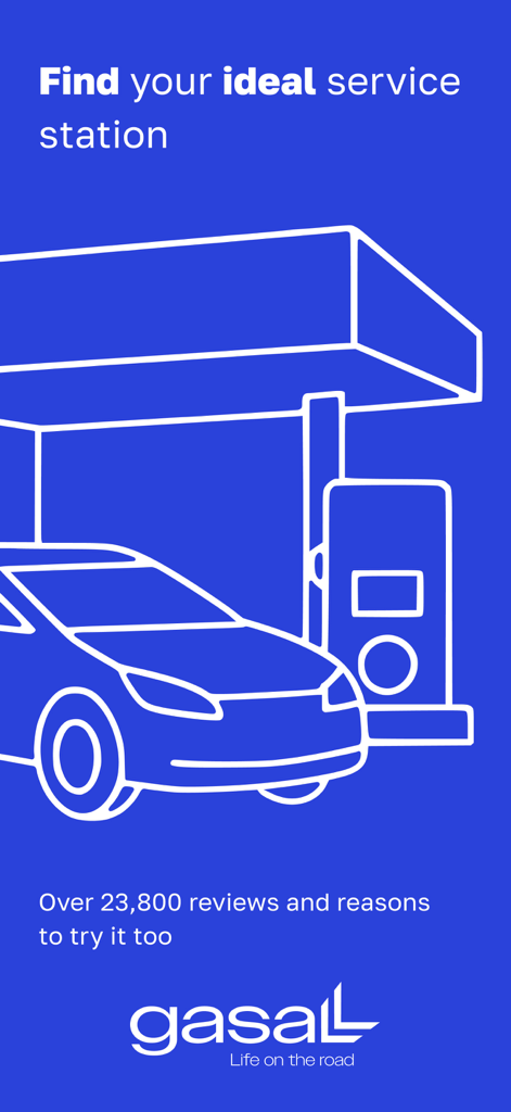 Promoción de la app GasAll con un coche en una gasolinera con texto resaltando más de 23800 reseñas para encontrar combustible en España