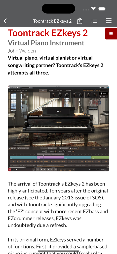 Sound On Sound USA - Screenshot of the Sound On Sound app showing a review of the Toontrack EZkeys 2 virtual piano instrument.