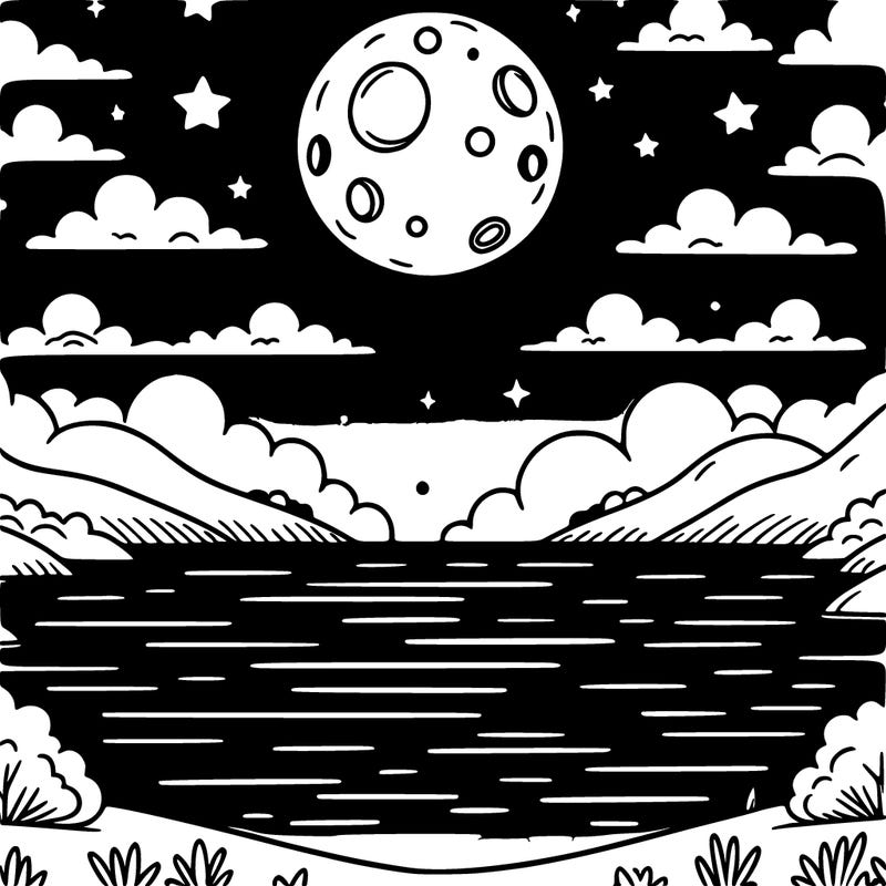 a sky with the moon out with a huge lake