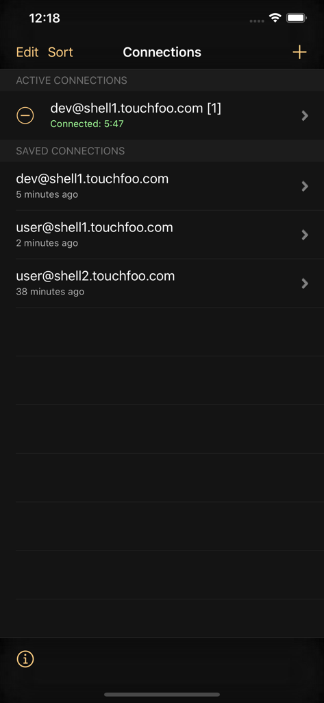 Shelly - SSH Client - Shelly SSH client app showing active and saved server connections