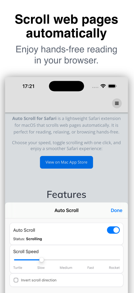 Auto Scroll for Safari - Interface of Auto Scroll for Safari showing adjustable scroll speed and hands-free reading toggle