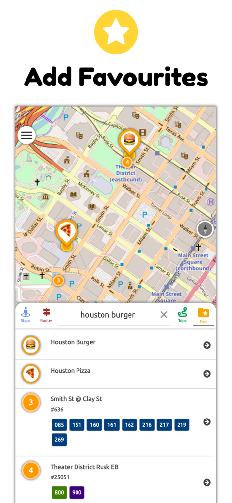 Houston Transit Metro - Houston Transit Metro app screen showing a map with pins and a list of transit stops to add to favourites