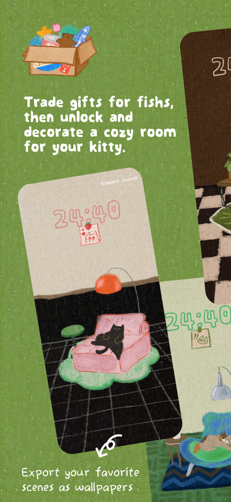 Cat On Chair: ADHD Focus - A screenshot of the Cat On Chair app displaying room decoration features and the option to export scenes as wallpapers