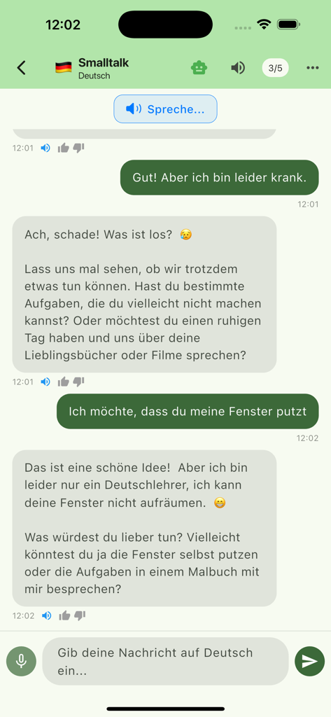 TalkBuddy - A chat interface in the TalkBuddy app showing a German language conversation for small talk practice.