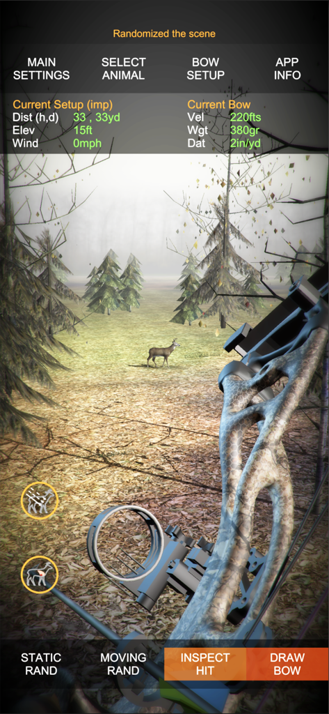First person view of a compound bow aimed at a whitetail deer in a 3D ballistic hunting simulator