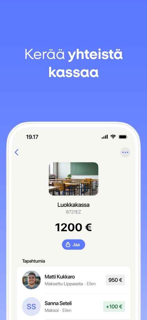 MobilePay app interface showing a shared group fund titled Luokkakassa with a total of 1200 Euros and a list of transactions from contributors