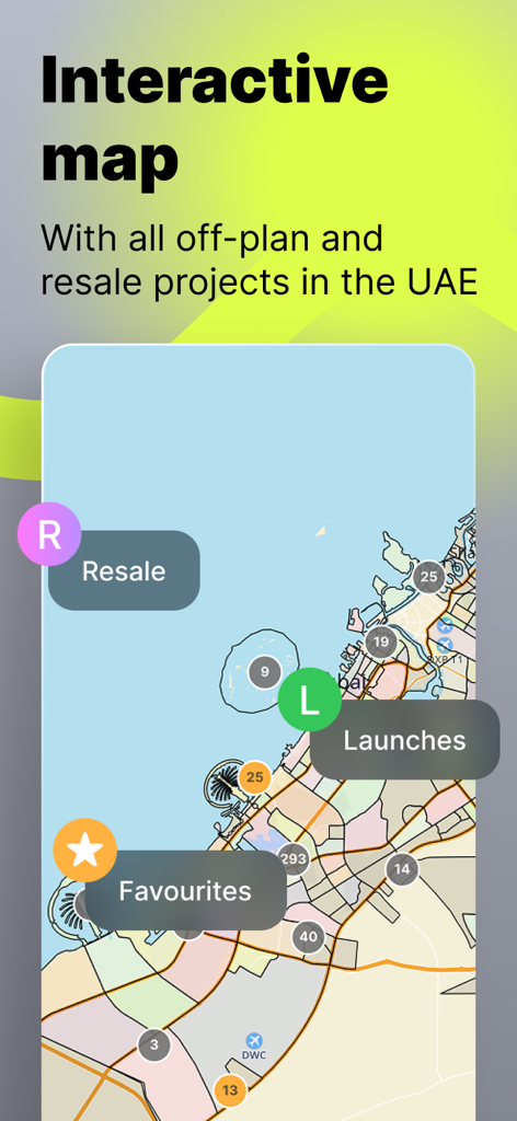 GenieMap - quick estate search - GenieMap app interface showing an interactive map of UAE real estate projects with categories for resale and new launches