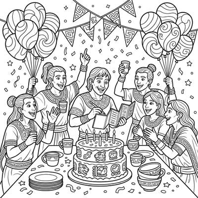 Step back in time to a vibrant Mayan birthday celebration, where skilled scribes gather to enjoy cake, balloons, and festive cheer. This unique coloring page blends historical culture with joyful festivity, perfect for enthusiasts of all ages.