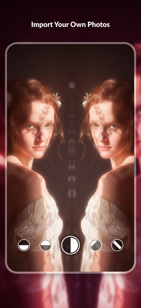 MirrorCam: Symmetry Maker - MirrorCam app interface showing a vertical mirror effect applied to a portrait photo