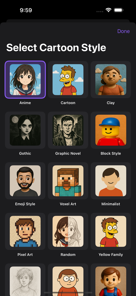 Cartoonify Me - A selection screen in the Cartoonify Me app showing various AI cartoon styles like Anime, Block Style, and Voxel Art.