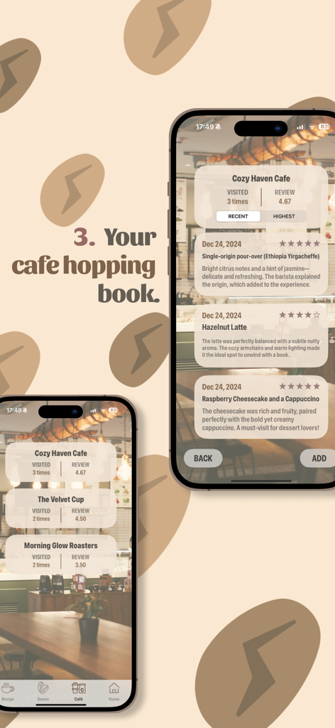 Coffee Buff - Una interfaz móvil para la aplicación Coffee Buff que muestra un registro de visitas a cafeterías con calificaciones de estrellas y reseñas de cafeterías de especialidad.