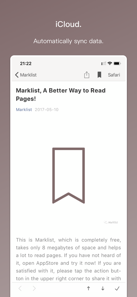 Marklist - Manage Later Things - Marklist app interface showing automatic iCloud data synchronization and a reading view of a saved page with a bookmark icon