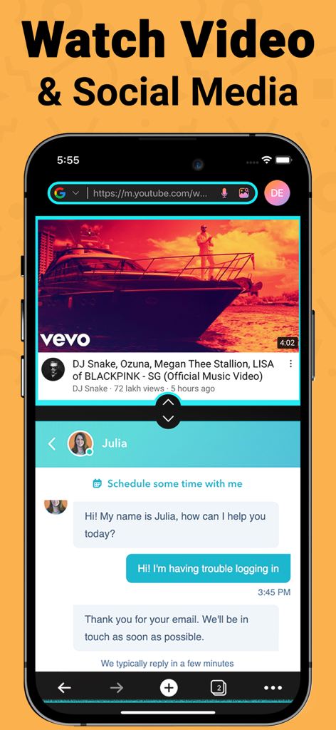 Split Screen - Split View - Split screen mobile app interface showing a YouTube music video on the top half and a chat message window on the bottom half
