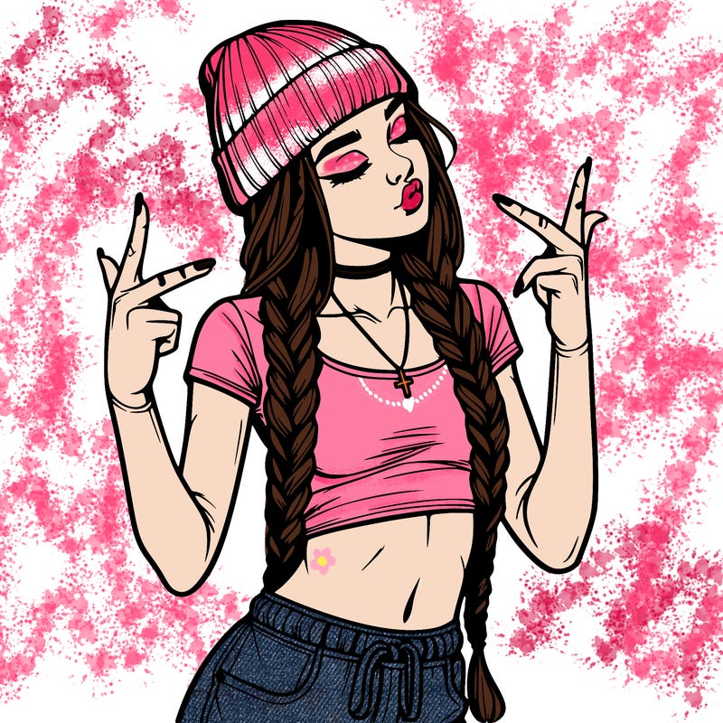 realistic teenage girl with braids and a beanie and crop top doing 🫶🏼