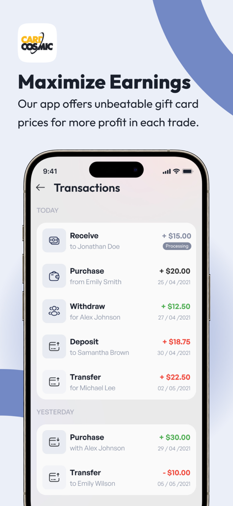 A screenshot of the CardCosmic app showing a list of transactions including gift card purchases, withdrawals, and deposits with their respective amounts.