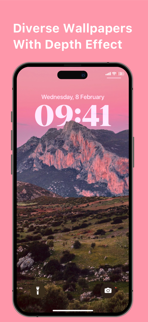 Best Widgets 18 - Icon Changer - iPhone-Sperrbildschirm mit einem Berglandschafts-Hintergrundbild mit Tiefeneffekt