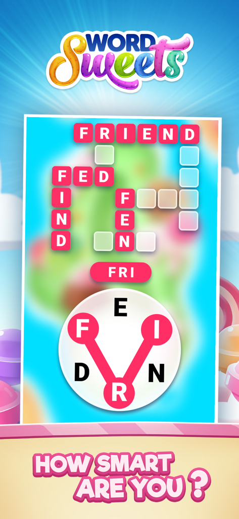 Word Sweets game screen showing a crossword puzzle with candy theme and letter connection wheel