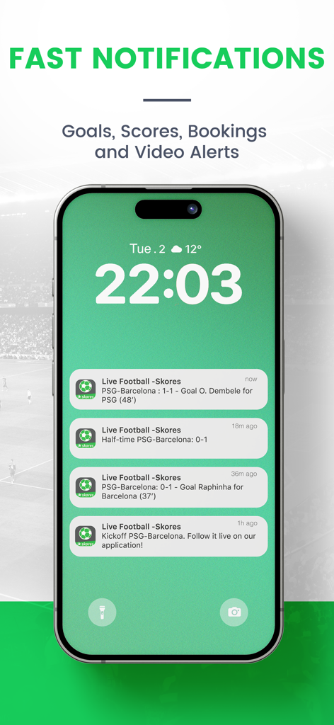 Live Soccer Scores -Skores - iPhone lock screen displaying live soccer goal alerts and match notifications from the Skores app
