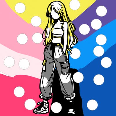 girl in baggy pants crop top and long hair