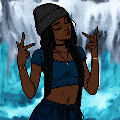 realistic teenage girl with braids and a beanie and crop top doing 🫶🏼