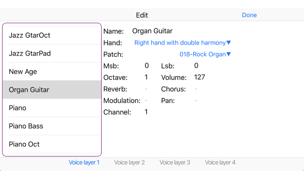 One Man Band Live - Interface for editing a voice preset in One Man Band Live showing settings for an Organ Guitar instrument