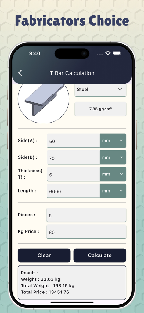 Metal Weight Calculators - A mobile interface showing a T Bar weight and price calculation within the Metal Weight Calculator app