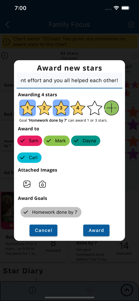 Starbright Charts - Una interfaz de aplicación móvil para otorgar estrellas a los niños por completar metas de comportamiento positivo