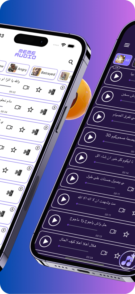 Meme Audio - Interface de l'application Meme Audio montrant une bibliothèque de sons viraux tendance sur deux écrans de smartphone