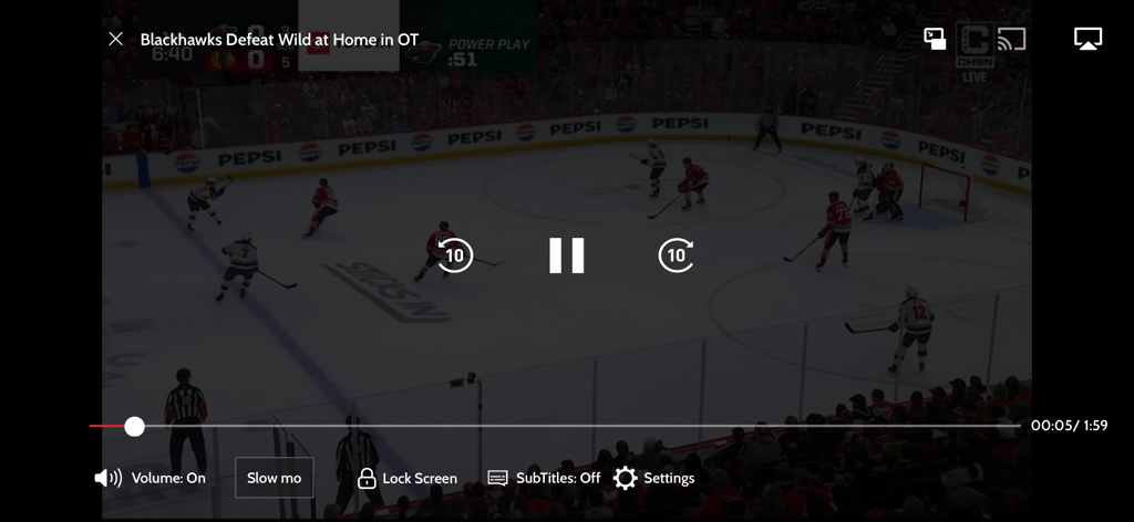 A video player interface in the CHSN app displaying a Chicago Blackhawks hockey game with streaming controls