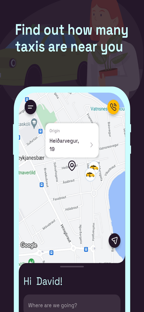 TaxiClick - Interface do mapa do aplicativo TaxiClick mostrando a localização em tempo real de táxis próximos