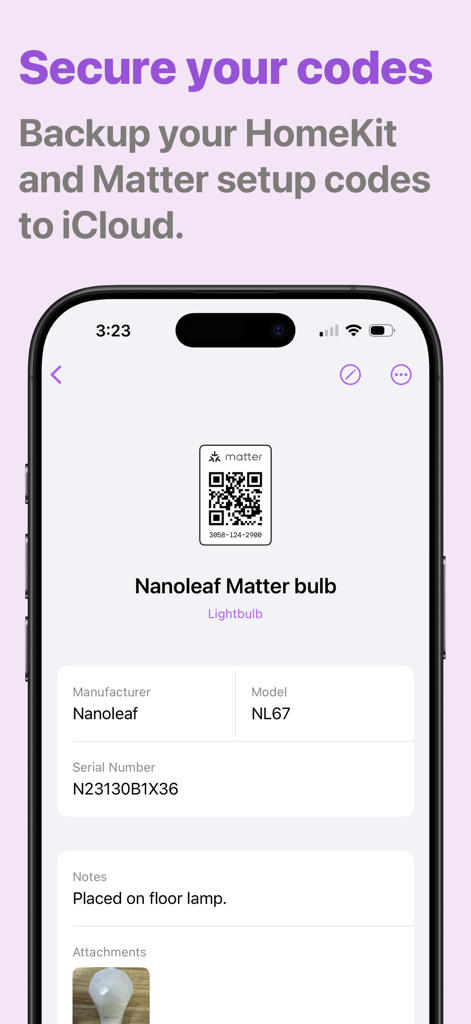 HomePass app screen displaying a setup code and details for a Nanoleaf Matter bulb