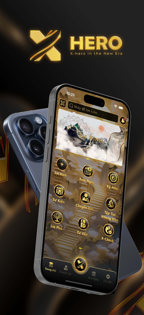 Xhero - Xheroモバイルアプリのホーム画面。豪華な金と黒の風水インターフェースが表示されています