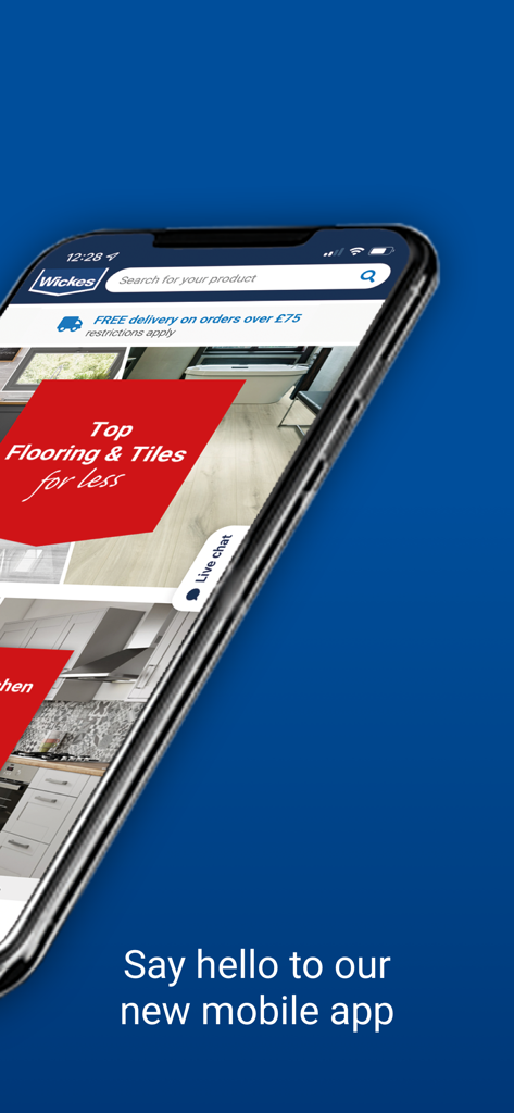Wickes TradePro - Wickes TradePro mobile app home screen on a smartphone displaying flooring and kitchen categories
