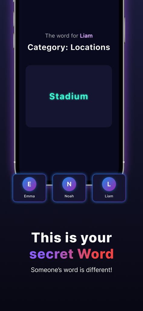 Gameplay screen of Imposter party game showing a secret word for a player