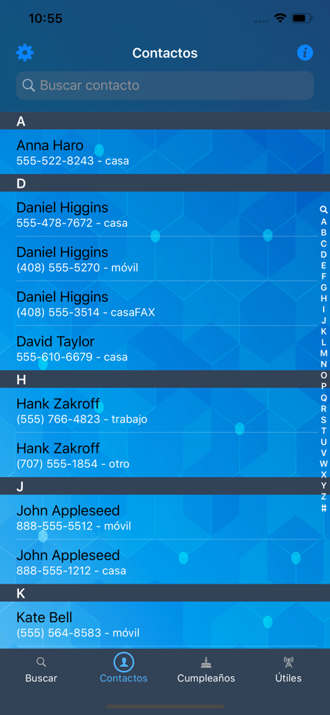 Interface da aplicação CallerID apresentando uma lista de contactos com nomes e números de telefone em espanhol