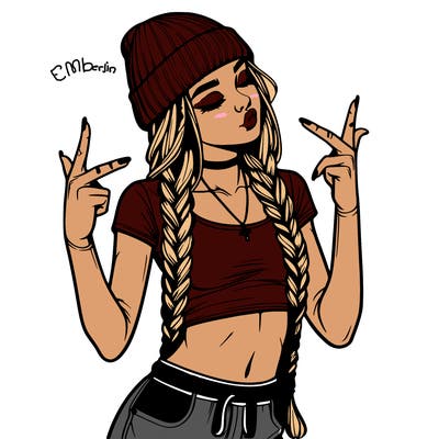 realistic teenage girl with braids and a beanie and crop top doing 🫶🏼