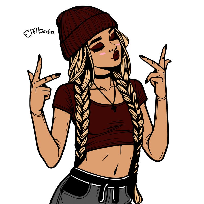 realistic teenage girl with braids and a beanie and crop top doing 🫶🏼