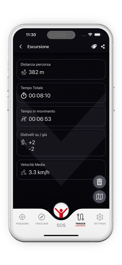 georesq - GeoResQ mobile app screen displaying hiking metrics like distance, time, and average speed.
