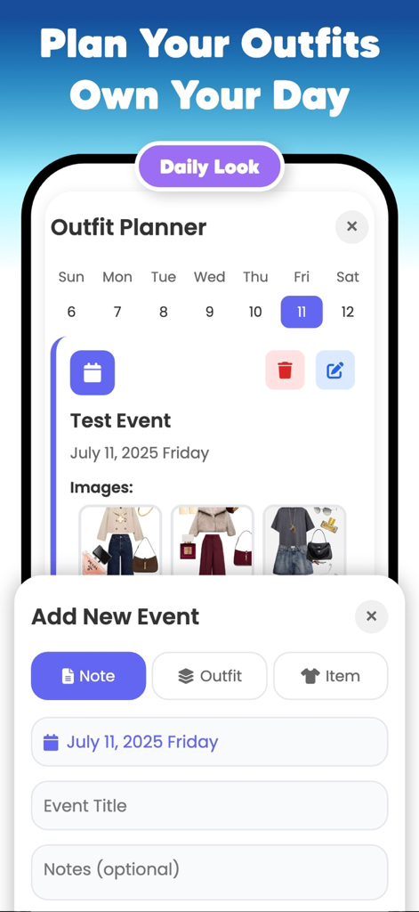 Combyne & Ai Try On - WearUp! - Mobile app interface of WearUp showing an outfit planner calendar and a form to add a new event with styling options.