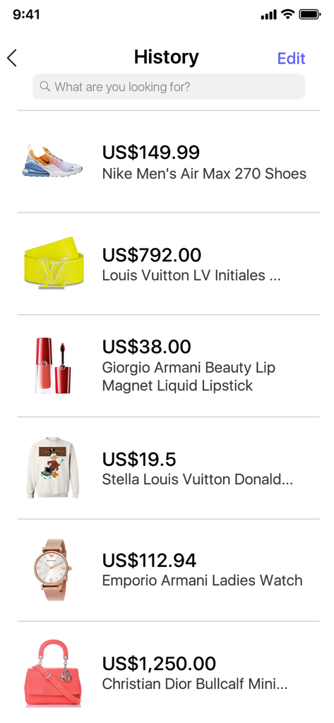 Barcode Scanner QR Code Reader - A list of recently scanned products including Nike shoes and luxury brand accessories with their current prices in the app history