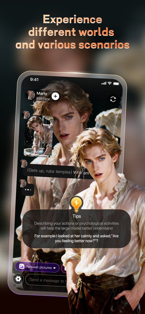 PopAI mobile app interface showing an immersive AI role-play chat with a character named Marty.