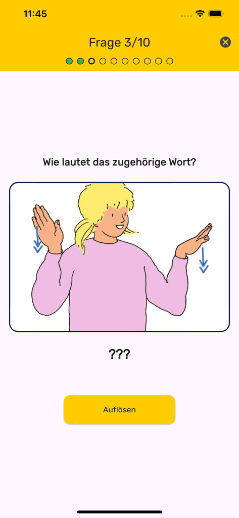 Una captura de pantalla del modo de cuestionario de la app GuK que muestra una ilustración de una mujer realizando un signo para que el usuario lo identifique.