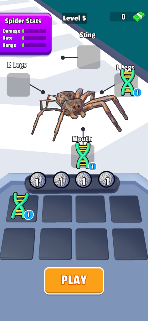 Spider Evolution - Pantalla del juego Spider Evolution que muestra mejoras de ADN para las patas y la boca de la araña