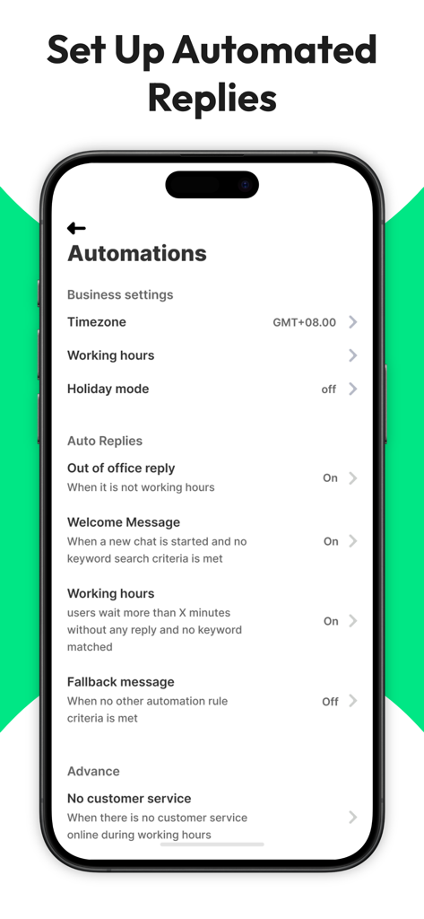 WATI mobile app interface for configuring automated WhatsApp business replies