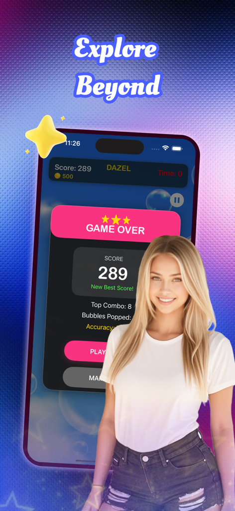 Dazel app screen showing game over results and new high score
