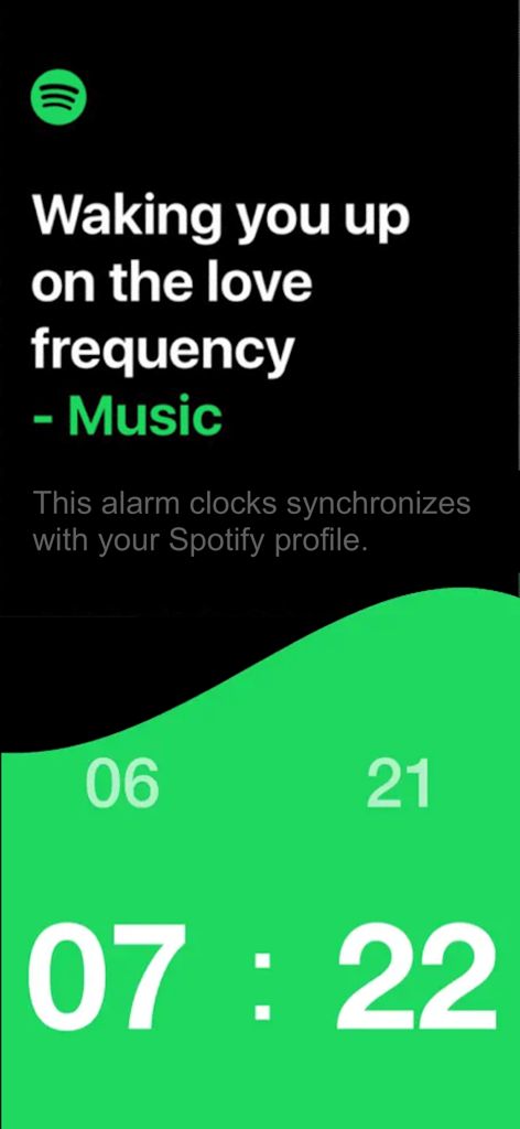 User interface of the Alarm Clock for Spotify Songs app featuring a green digital clock display.