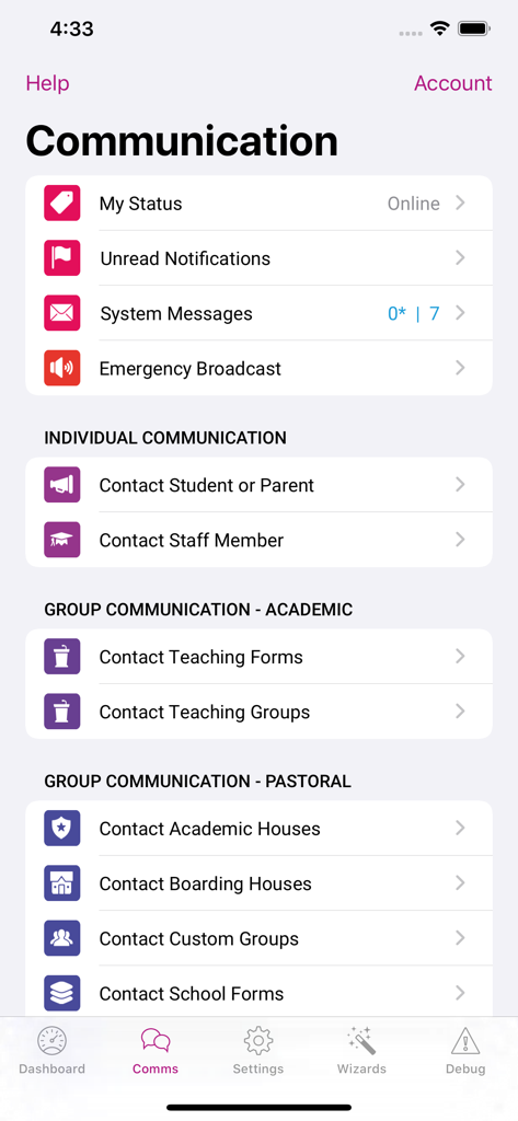 iTeacher App - The iTeacher App communication dashboard with options for individual and group messaging for students parents and staff