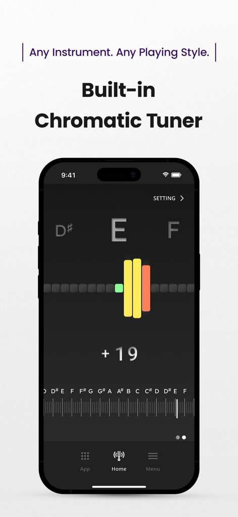 Smartphone screen displaying the Yamaha Tuner chromatic tuning interface for instruments.