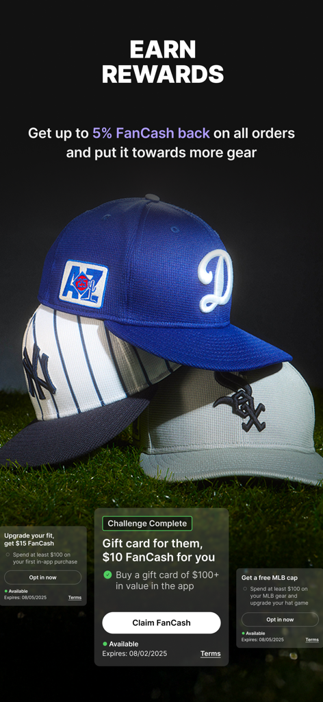 Fanatics app interface showing MLB caps and various FanCash reward offers